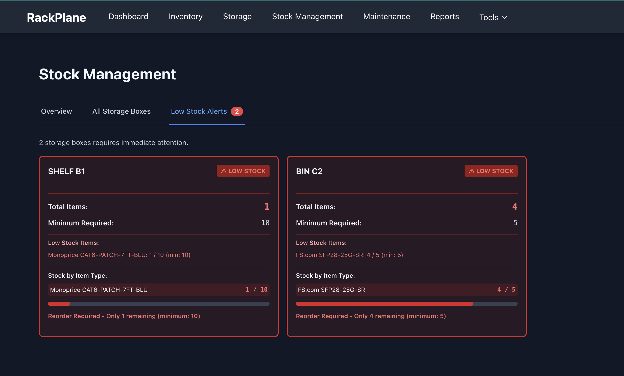 RackPlane low stock alerts showing items that need reordering